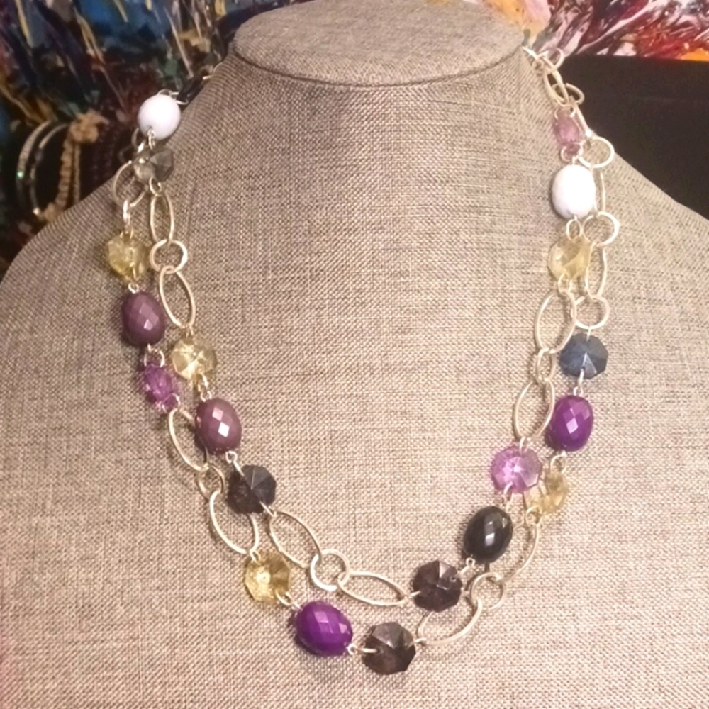 Gorgeous Purple Black and Peridot Acrylic Beaded Necklace - Pre-loved (21")